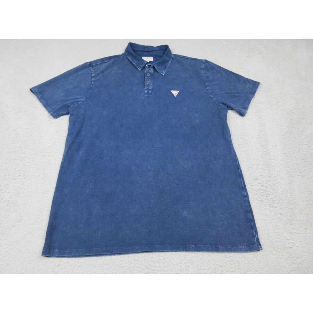 Guess Polo Shirt Mens M Blue Jersey Knit Washed Logo Casual Short Sleeve